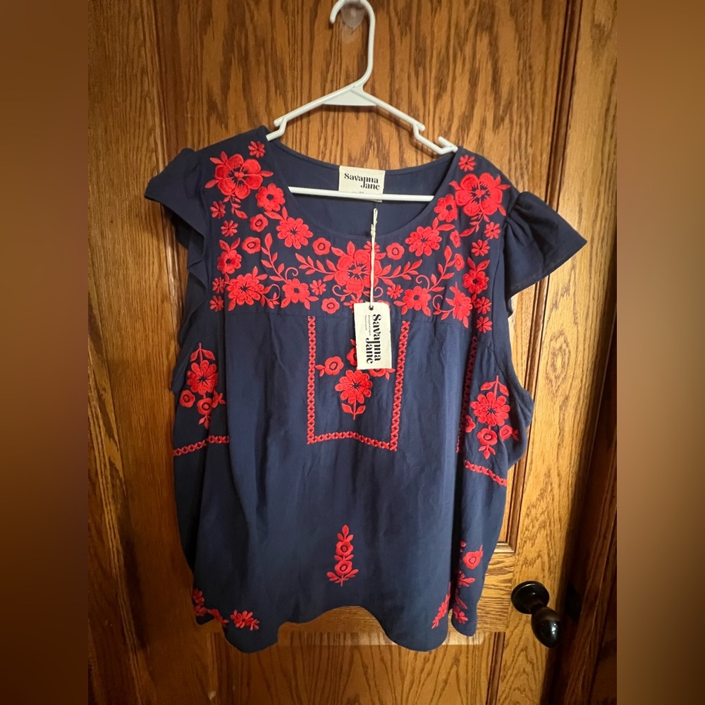 Savanna Jane Navy Plus Size Blouse with Red Embroidery
